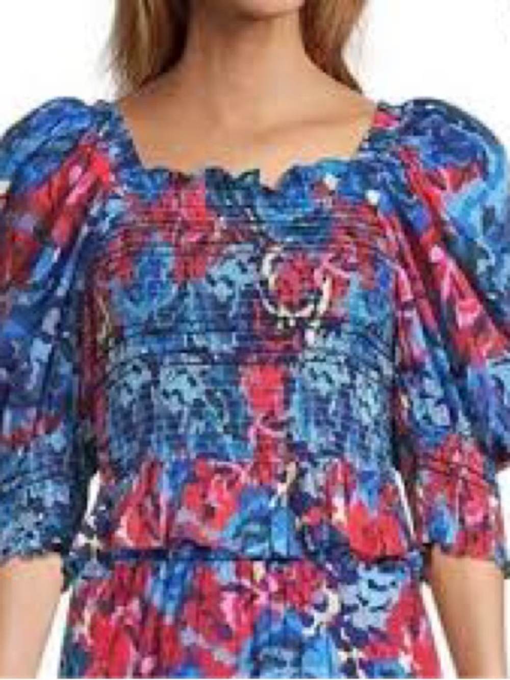 Smocked Floral Peasant Blouse in Blue & Pink
